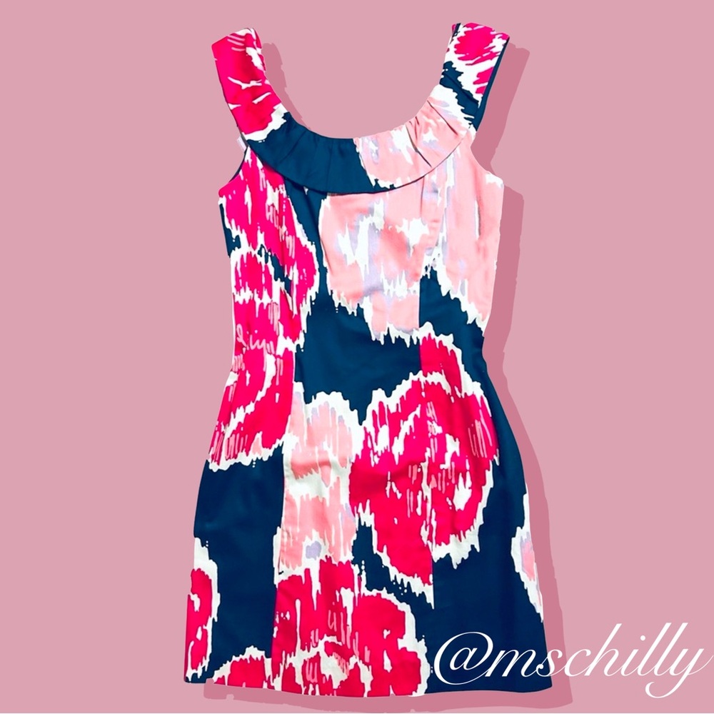 Lilly Pulitzer Dominica Dress Ruffle Brava Blue Pink White Shift 0